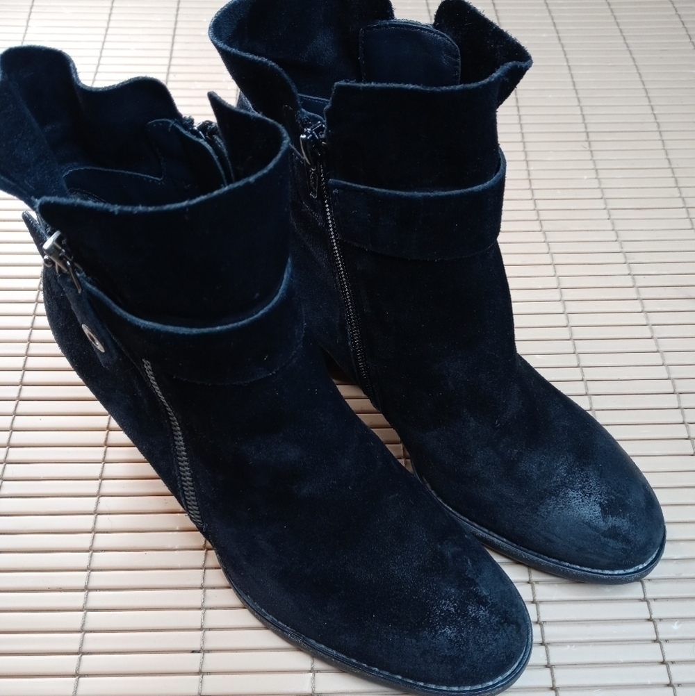 Paul Green Ankle Boots US Size 5.5 Black Nubuck Leather Booties 3" Heel side zip